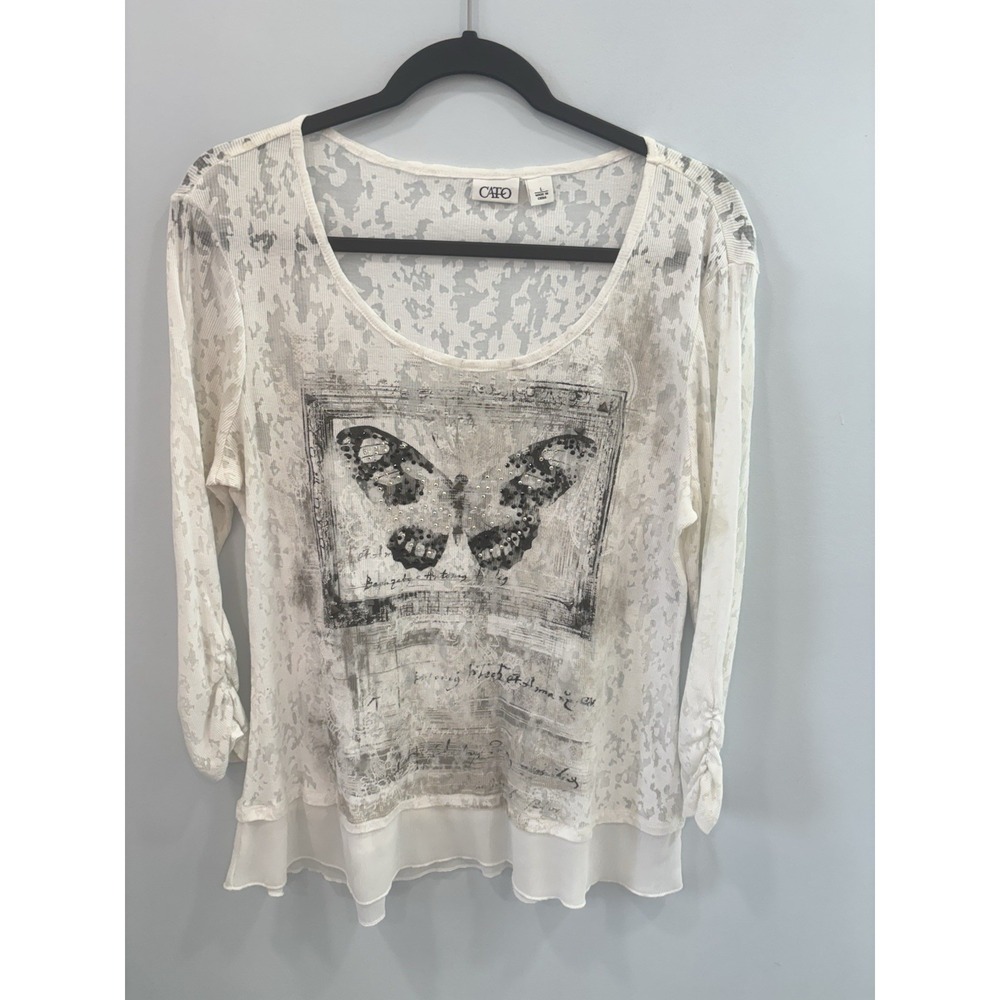 Cato White Sheer Butterfly Rhinestone Blouse Long Sleeve Large Boho Chic Top Y2K